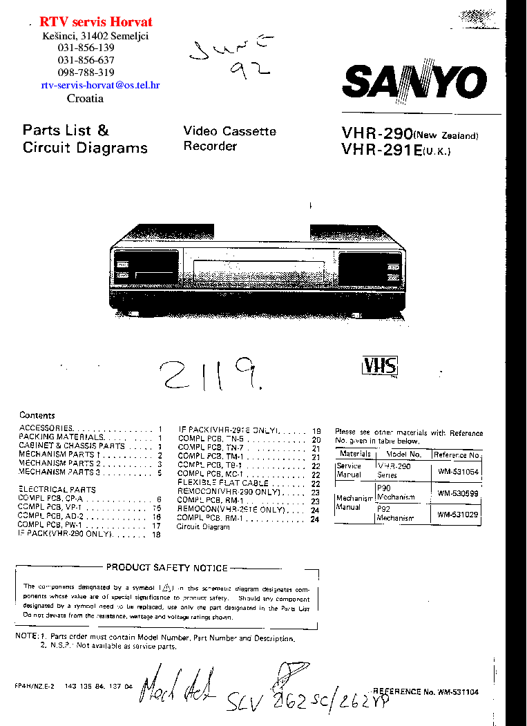 SANYO VHR290 VHR291E VCR service manual