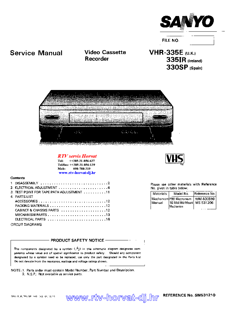 SANYO VHR330 335 service manual
