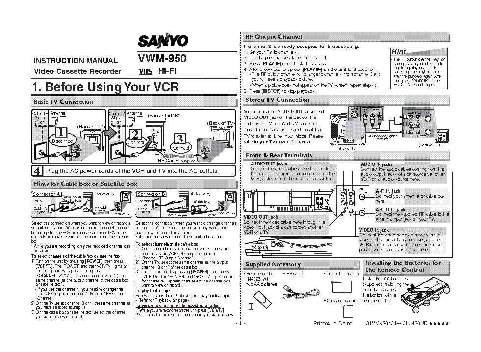 SANYO VWM-950 VCR INSTR SM service manual