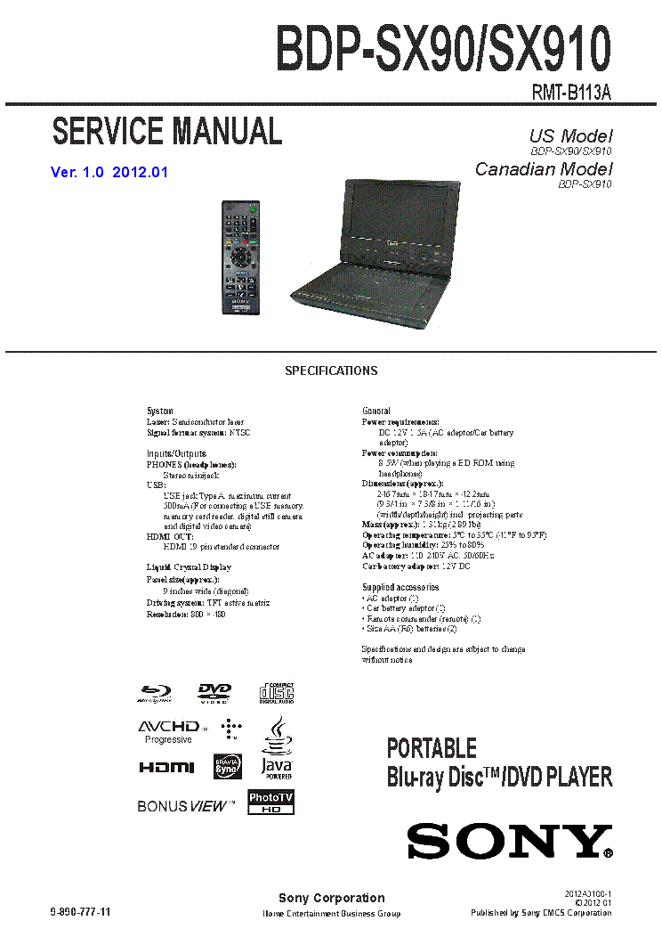 SONY BDP-SX90 BDP-SX910 VER.1.0 SM Service Manual download