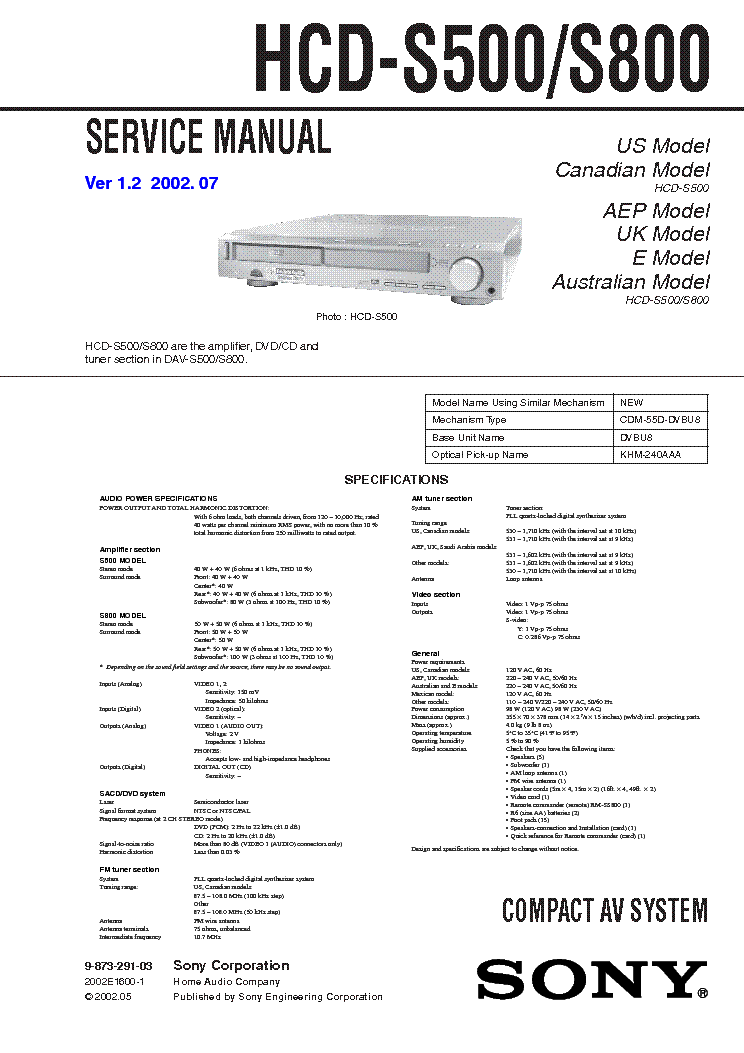 SONY DAV-S500,DAV-S800 service manual (2nd page)