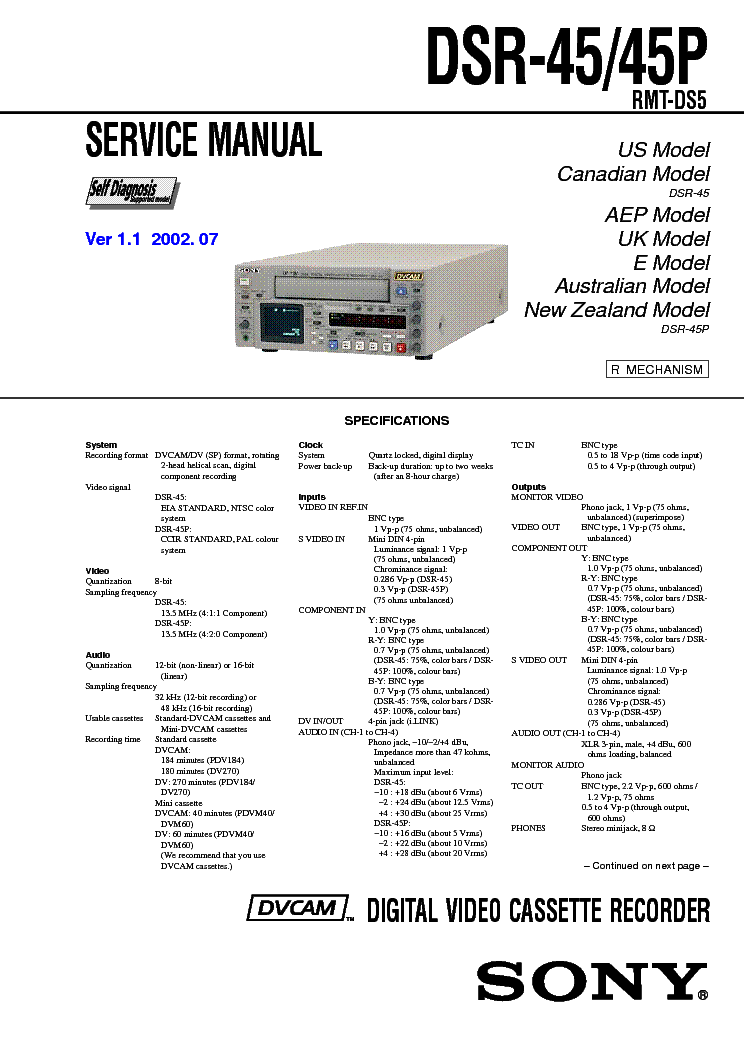 SONY DSR-45 VER1.1 service manual (1st page)