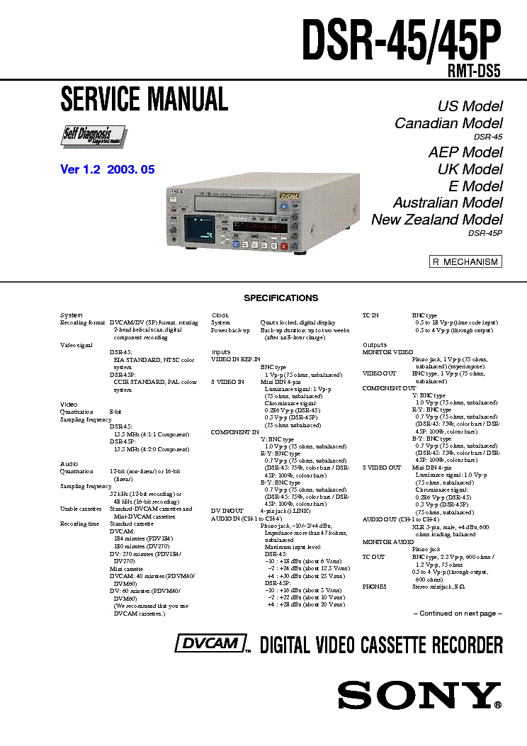 SONY DSR-45 VER1.2 service manual (1st page)