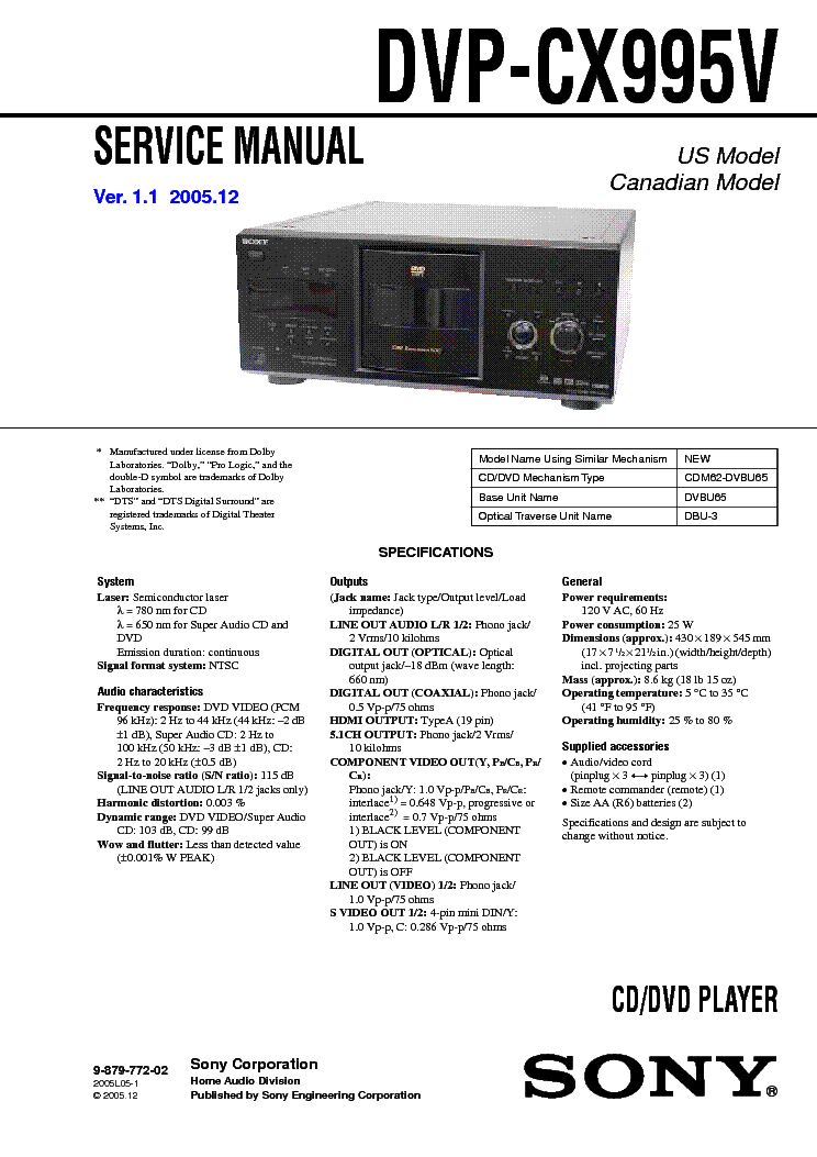 SONY DVP-CX995V SM service manual (1st page)