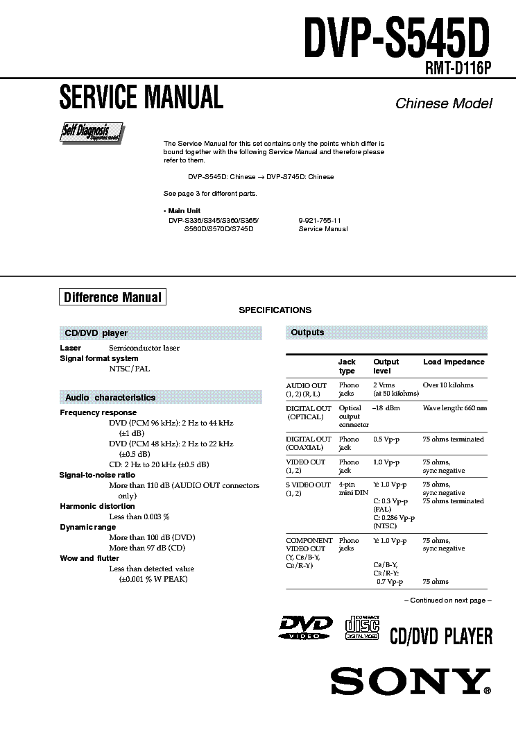 SONY DVP-S545D SM service manual (1st page)