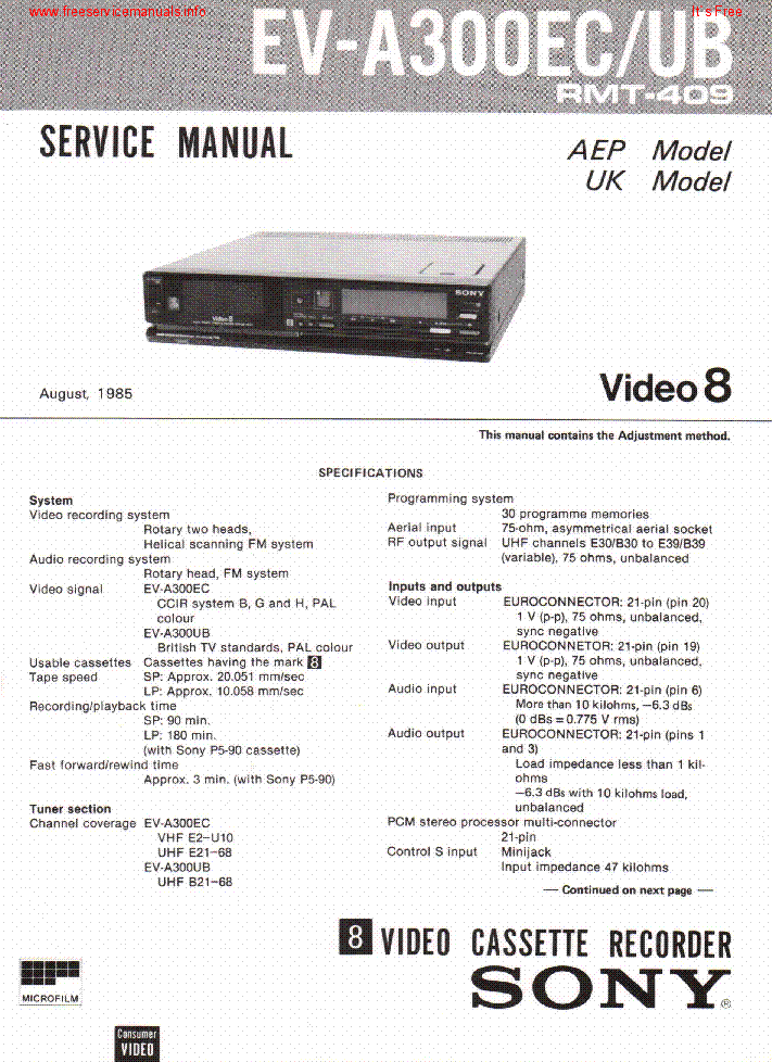 SONY EV-A300EC EV-A300UB VCR SM service manual