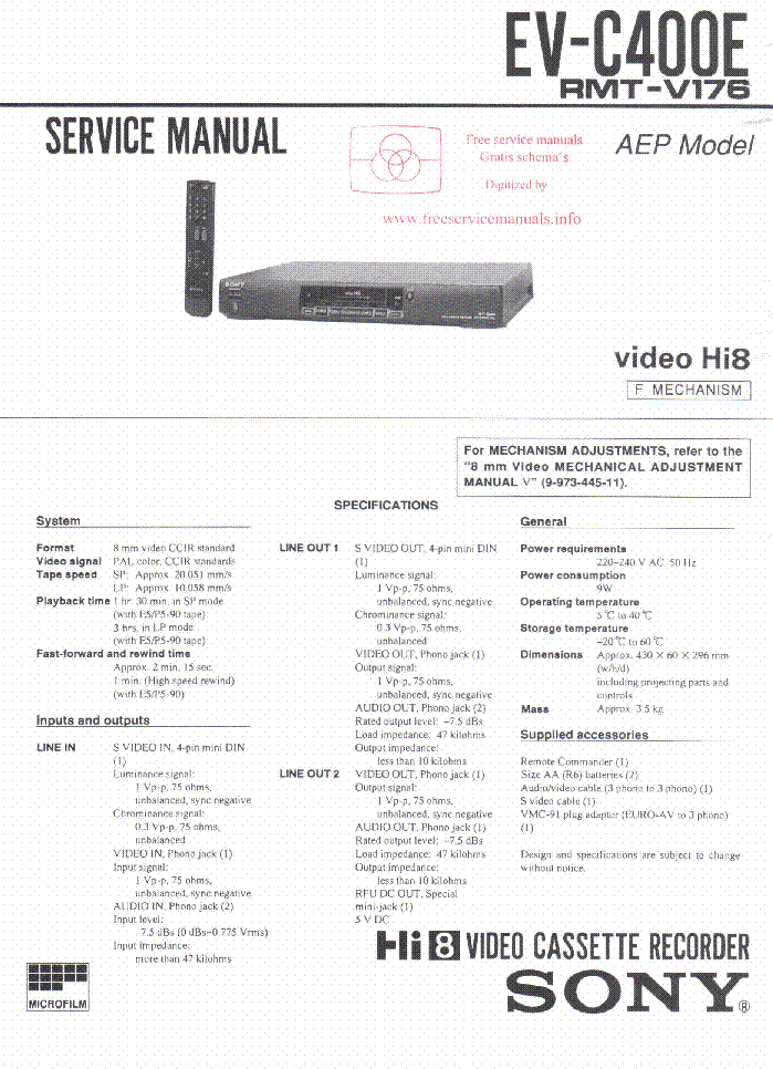 SONY EV-C400E HI8 VCR service manual