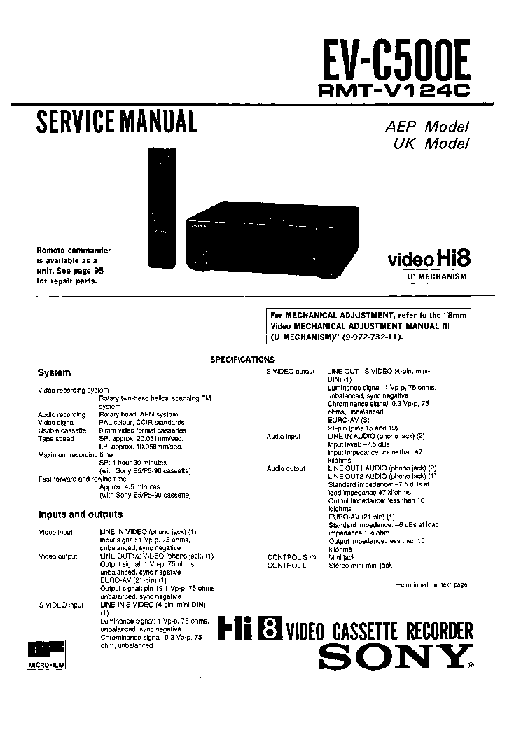 SONY EV-C500E service manual (1st page)