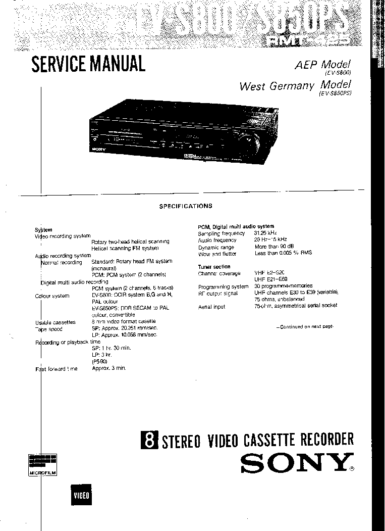 SONY EV-S800 EV-S850PS VCR service manual (1st page)