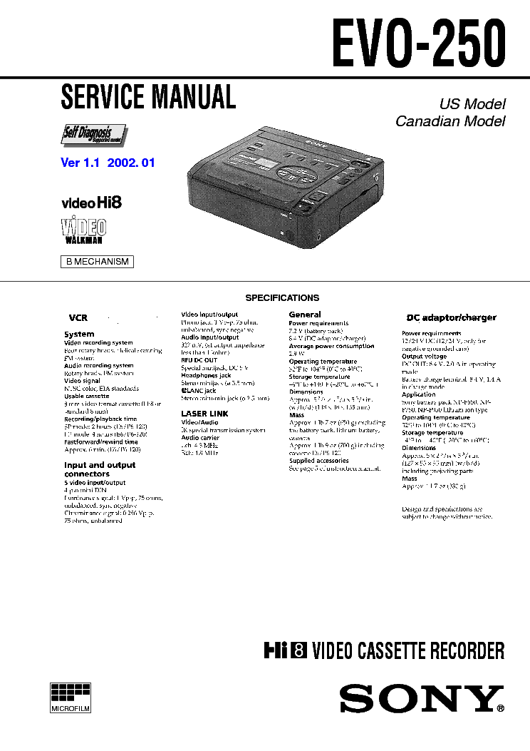 SONY EVO-250 service manual (1st page)