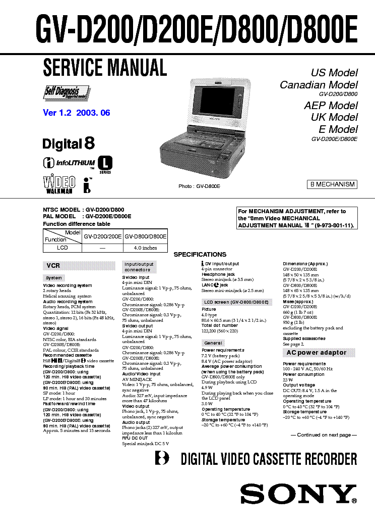SONY GV-D200,D200E,D800,D800E VER1.2 service manual (1st page)