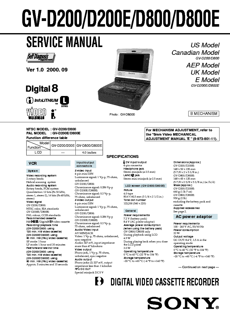 SONY GV-D200 D200E D800 D800E VER1.0 service manual (1st page)