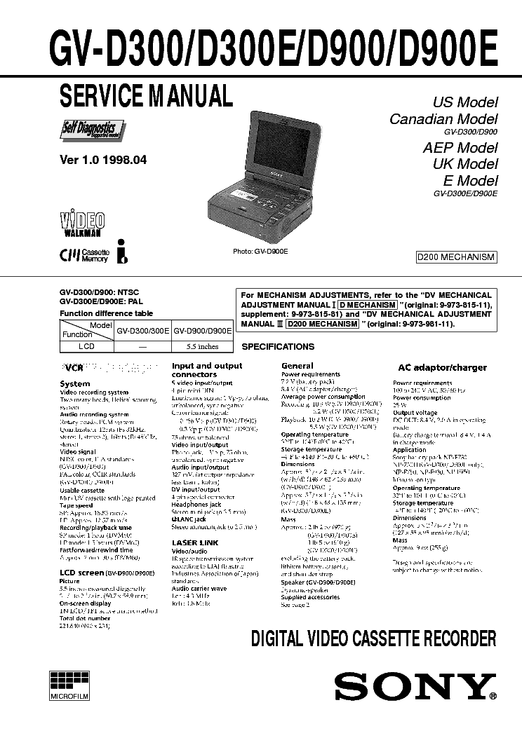 SONY GV-D300 D300E D900 D900E VER-1.0 SM service manual (1st page)