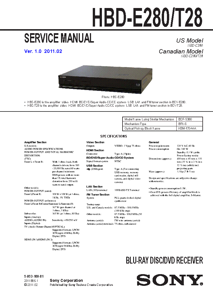 SONY HBD-E280 HBD-T28 VER.1.0 SM service manual (1st page)