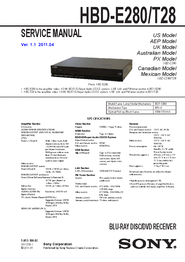 SONY HBD-E280 HBD-T28 VER.1.1 SM service manual (1st page)
