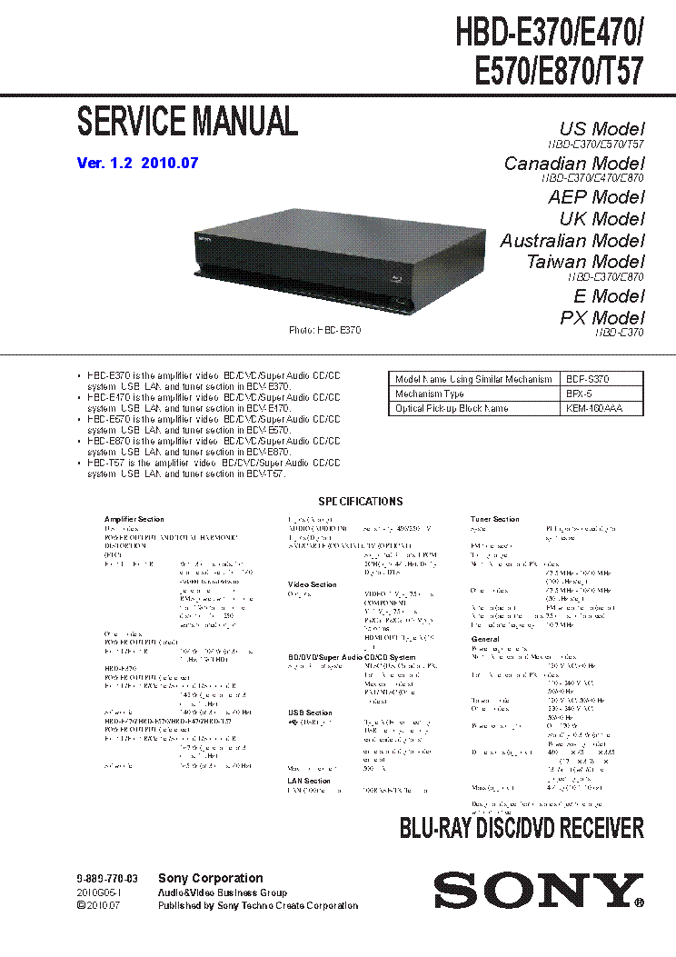 SONY HBD-E370 HBD-E470 HBD-E570 HBD-E870 HBD-T75 SM service manual