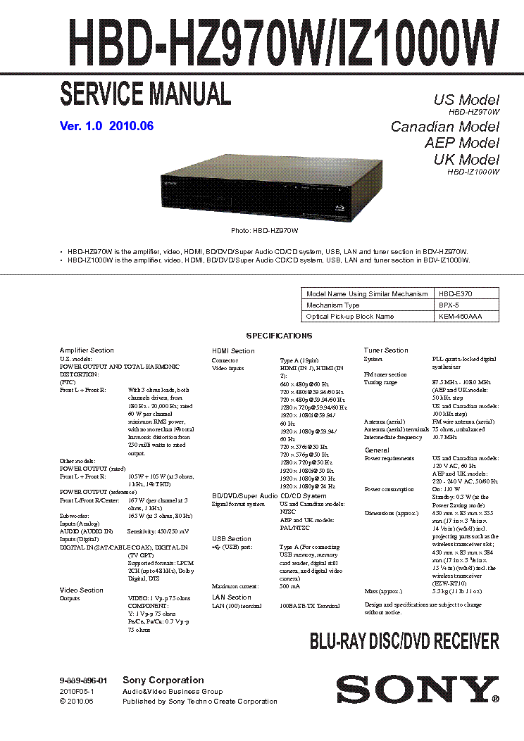 SONY HBD-HZ970W IZ1000W VER-1.0 SM service manual (1st page)
