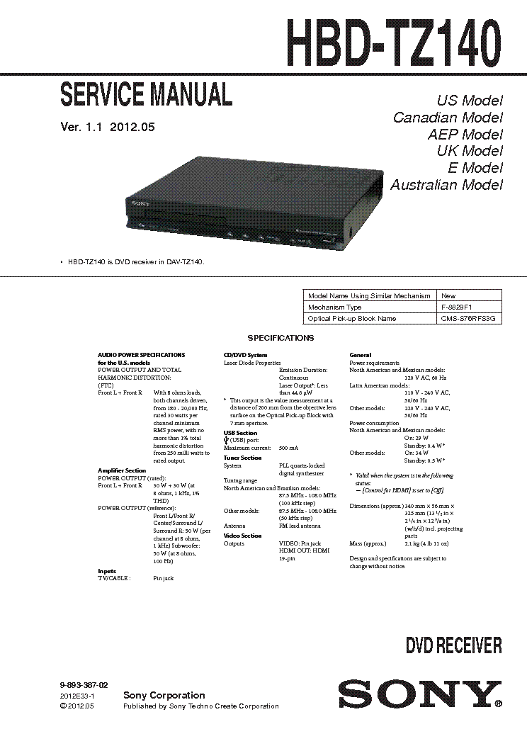 SONY HBD-TZ140 service manual (1st page)