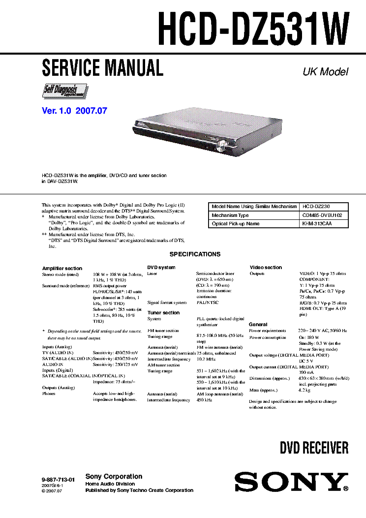 SONY HCD-DZ531W VER.1.0 service manual (1st page)