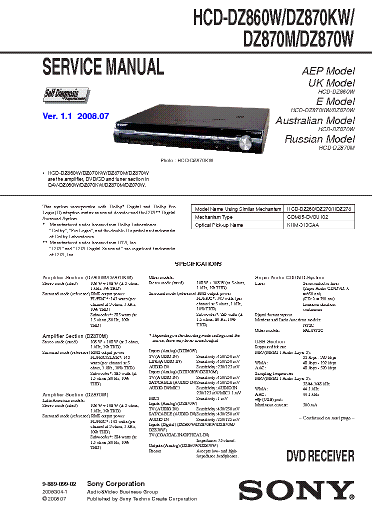 SONY HCD-DZ860W DZ870KW-M-W VER-1.1 SM service manual (1st page)