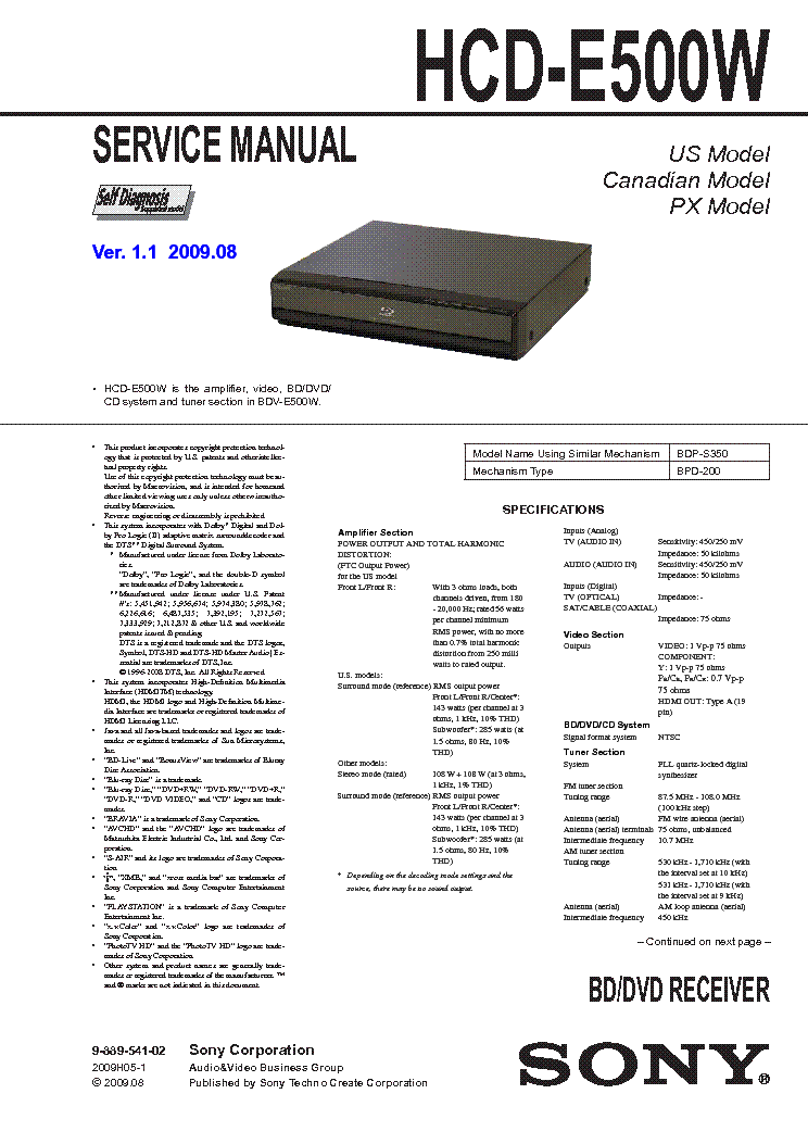 SONY HCD-E500W service manual (1st page)
