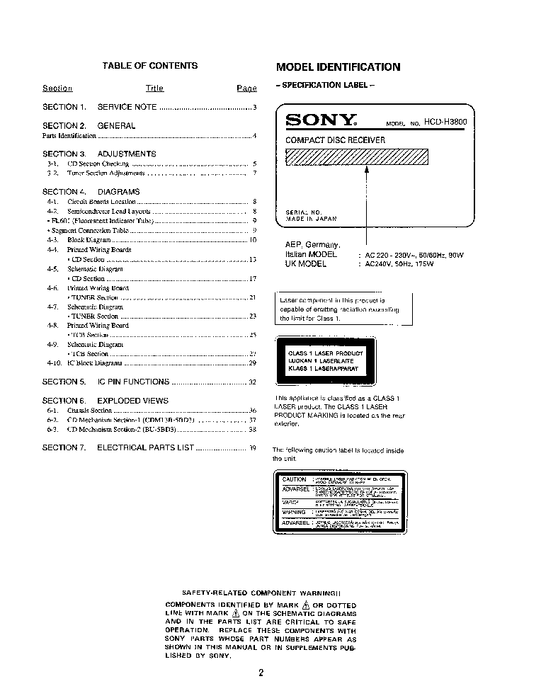 SONY HCD-H3800 service manual (2nd page)