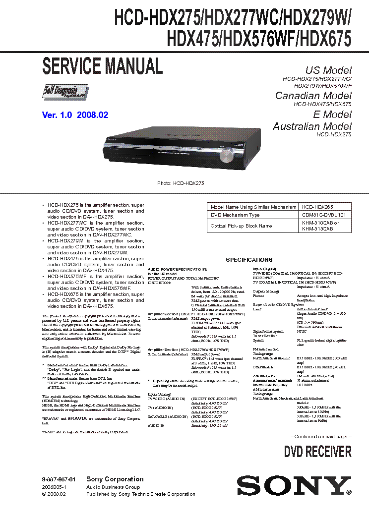 SONY HCD-HDX275 277 279 475 576 675 SM service manual (1st page)