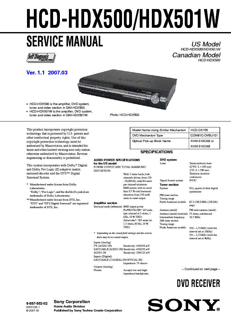 SONY HCD-HDX500 HDX501W service manual (1st page)