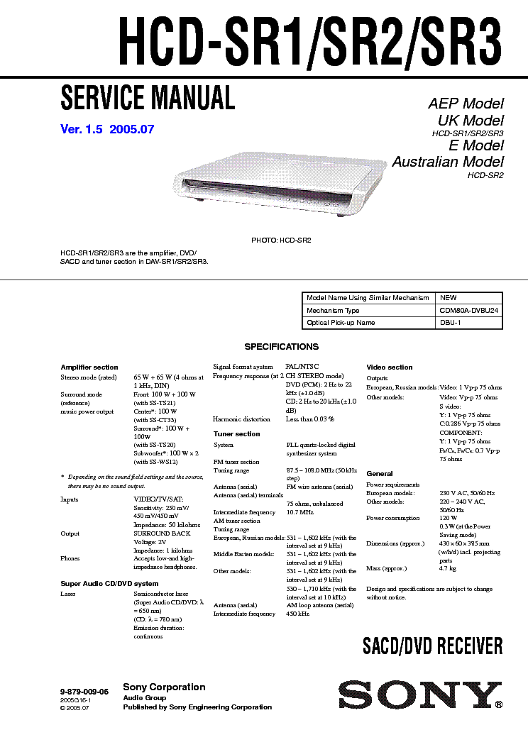 SONY HCD-SR1 SR2 SR3 VER-1.5 service manual (1st page)