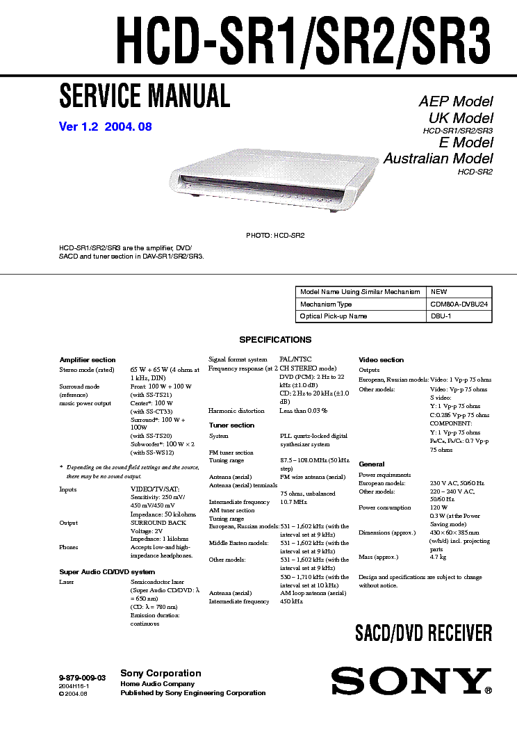SONY HCD-SR1 SR2 SR3 VER1.2 service manual (1st page)