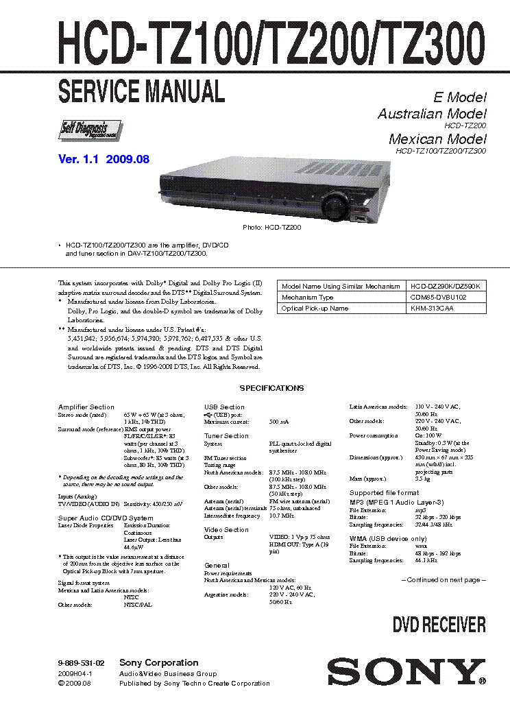 SONY HCD-TZ100 TZ200 TZ300 VER1.1 service manual (1st page)