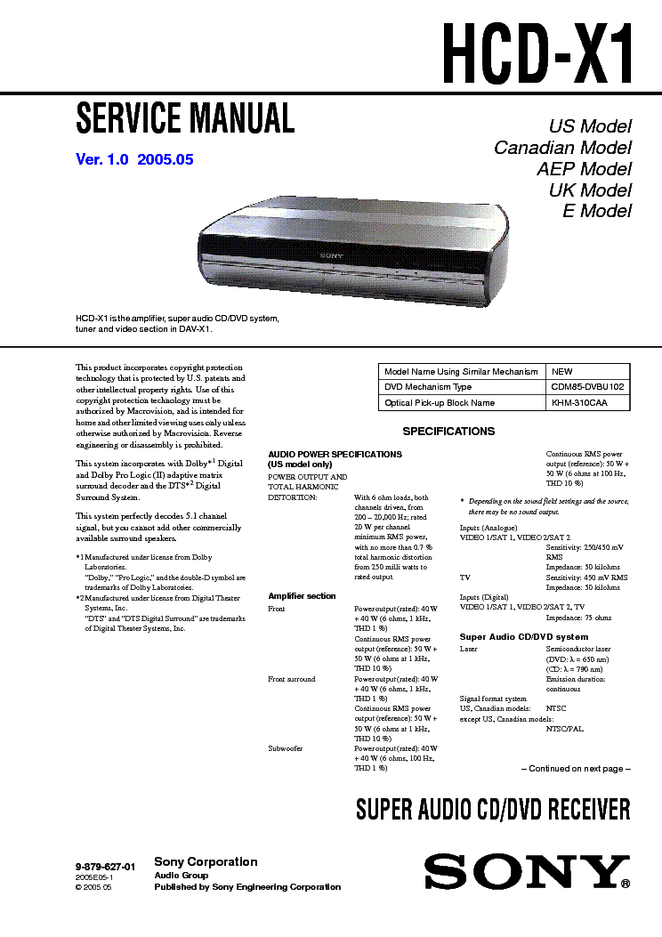 SONY HCD-X1 VER1.0 service manual (1st page)