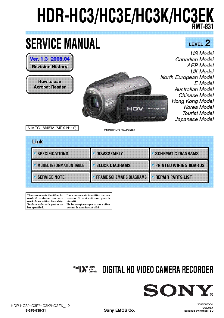 SONY HDR-HC3 HC3E HC3K HC3EK LEVEL-2 VER-1.3 SM service manual (1st page)