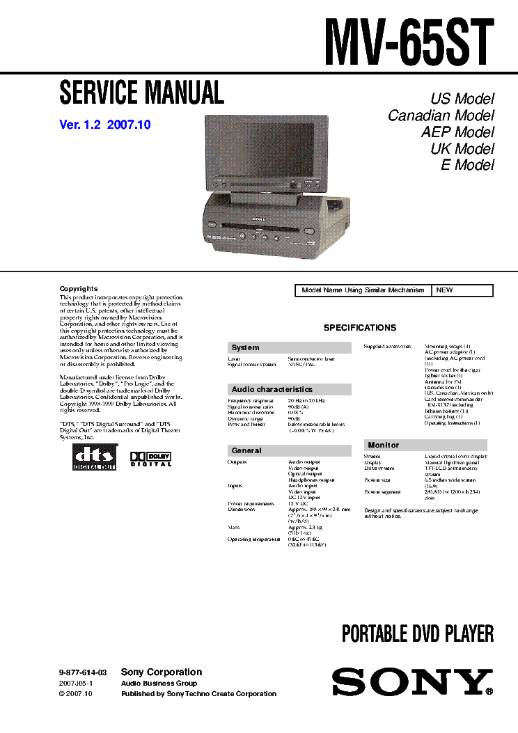 SONY MV-65ST VER.1.2 SM service manual (1st page)