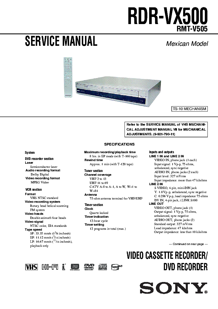 SONY RDR-VX500 MEXICAN-MODEL service manual (1st page)
