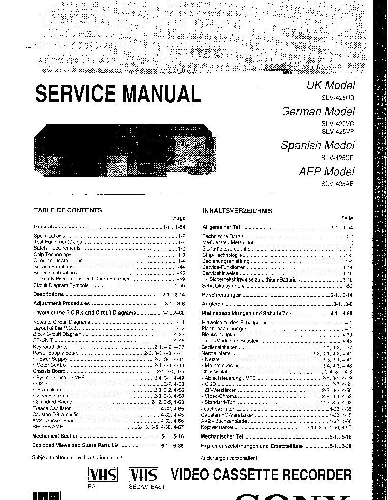 SONY SLV-425 427 RMT-V125 service manual (1st page)