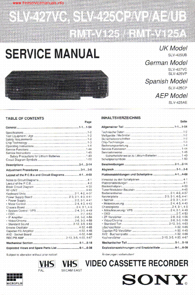 SONY SLV-427VC SLV-425CP VCR service manual (1st page)