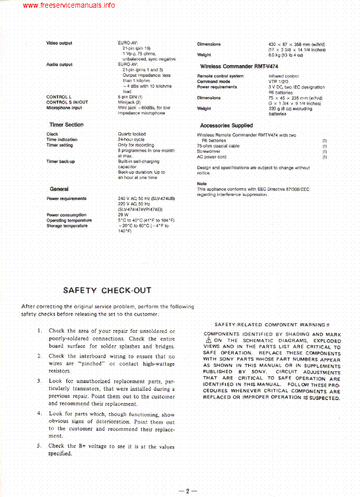SONY SLV-474 SLV-474UB SLV-474VP VCR  service manual (2nd page)