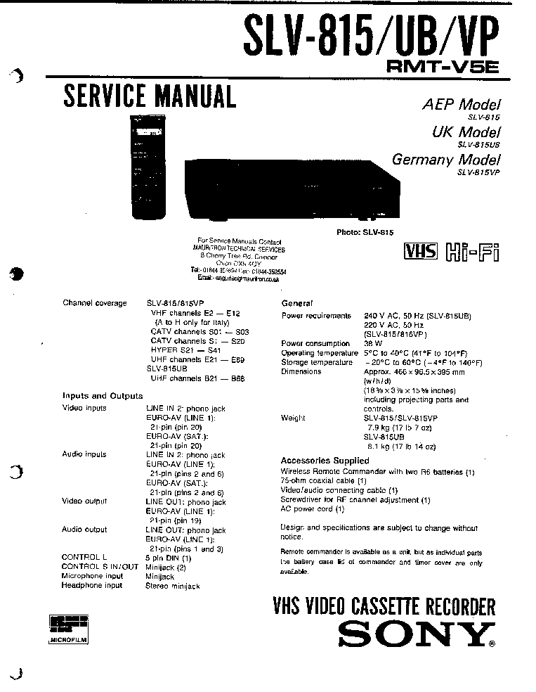 SONY SLV-815 service manual (1st page)