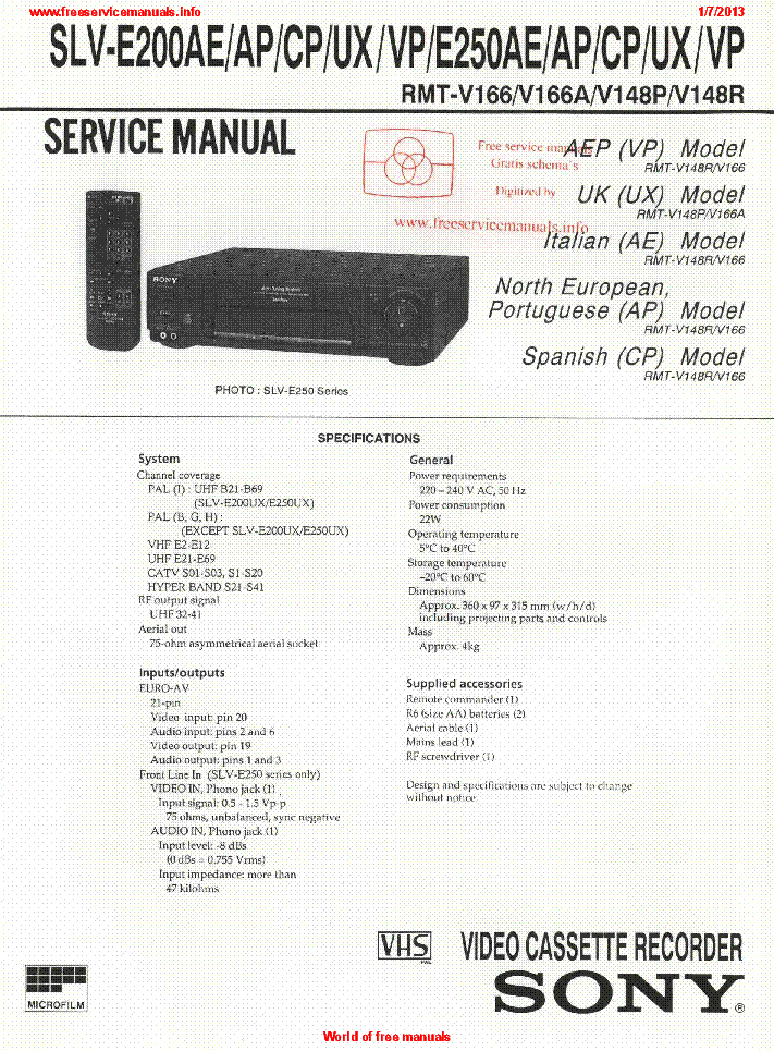 SONY SLV-E200AE SLV-E250AE AP CP UX 997373511 VCR service manual