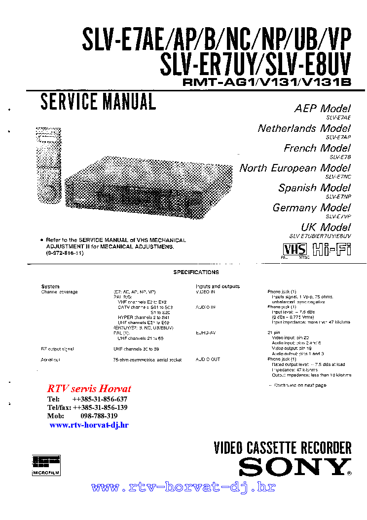 SONY SLV-E7AE AP B NC NP UB VP SLV-ER7UY SLV-E8UV RMT-AG1 V131 B service manual