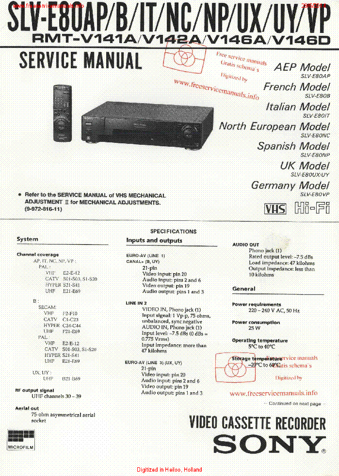 SONY SLV-E80AP B IT NC NP UX UY VP 997351311 VCR service manual