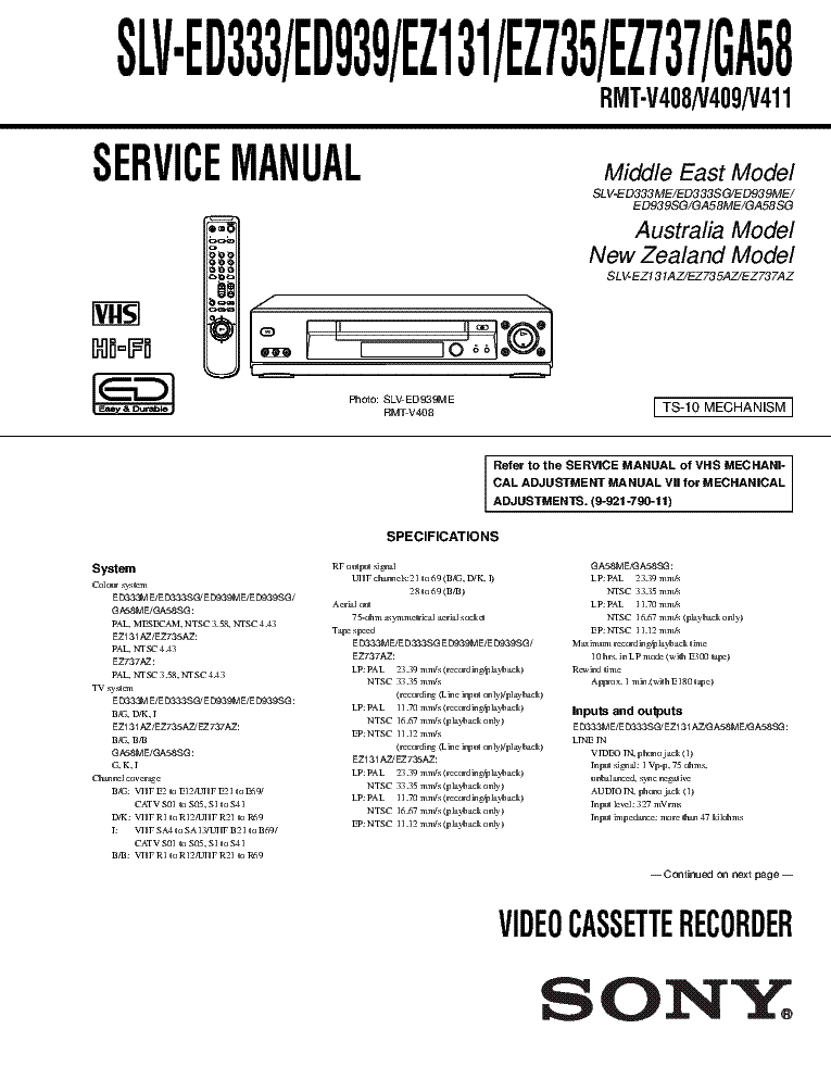SONY SLV-ED333 SLV-ED939 SLV-EZ131 SLV-EZ735 SLV-EZ737 SLV-GA58 VCR service manual (1st page)