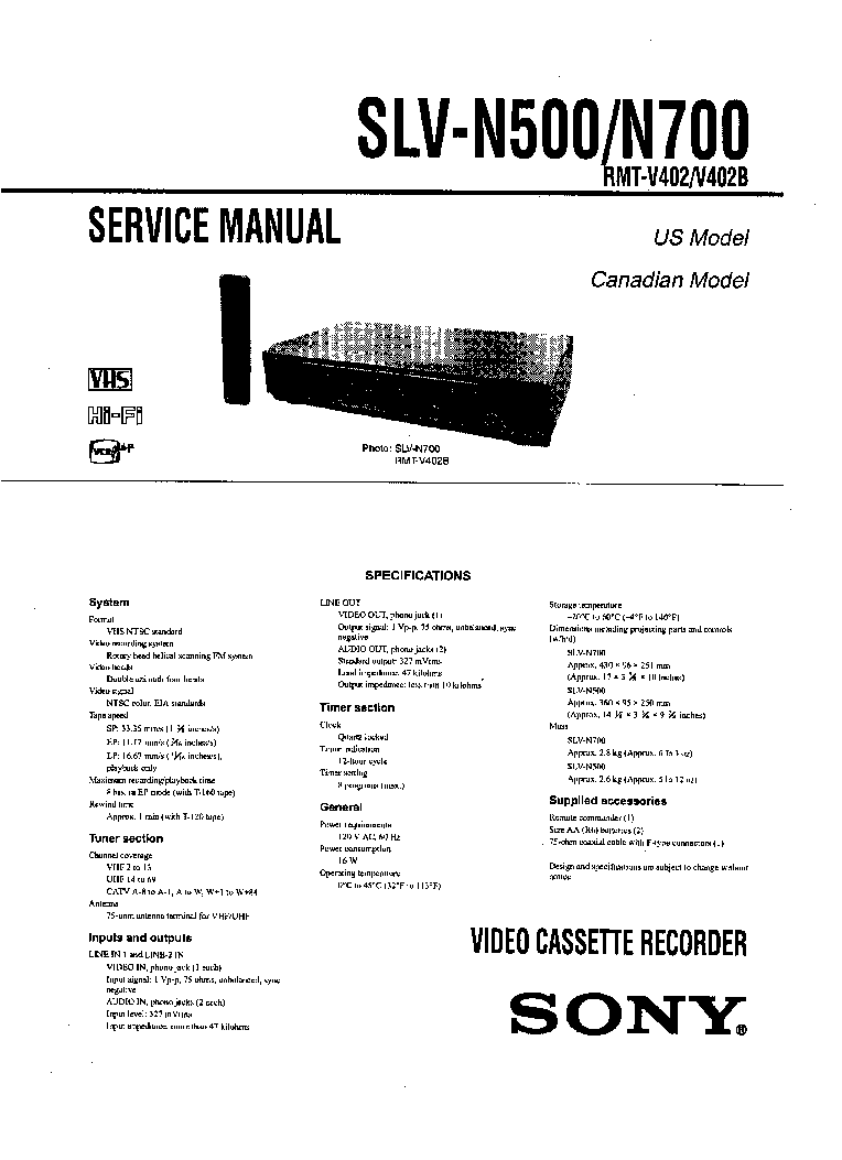 SONY SLVN700 service manual (1st page)