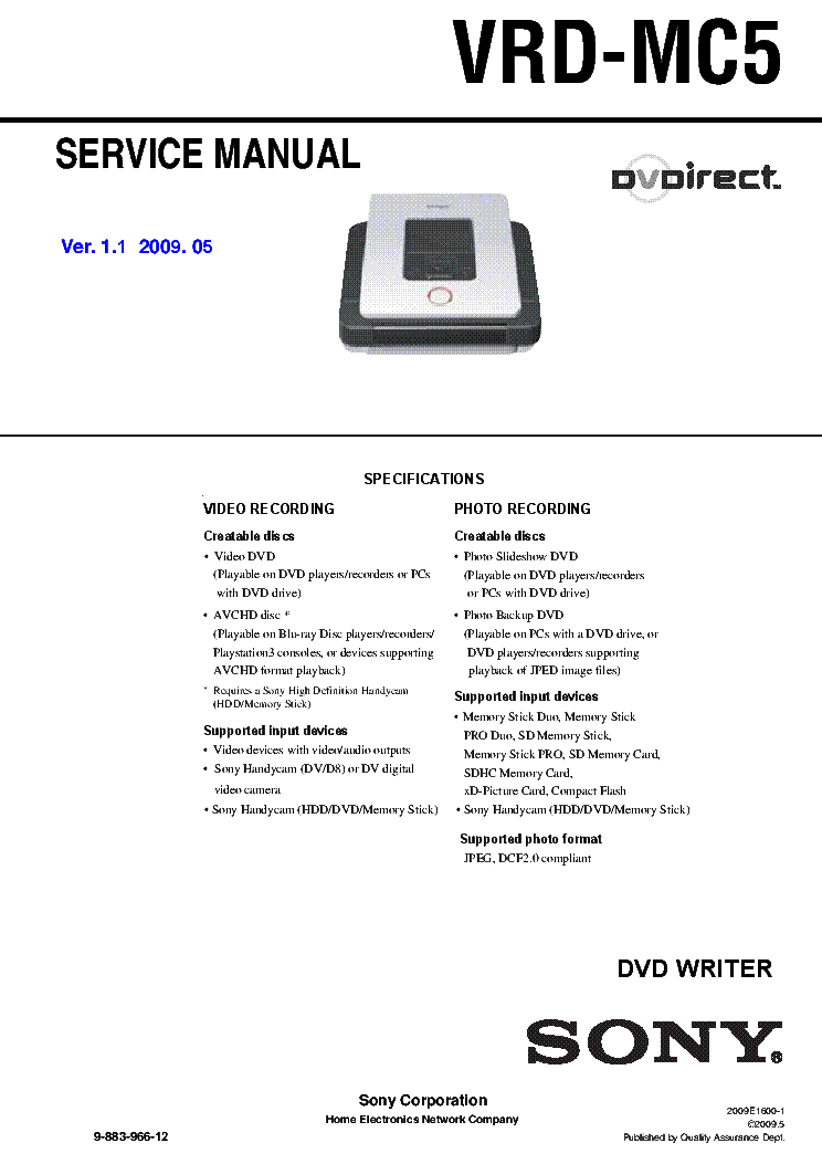 SONY VRD-MC5 VER.1.1 DVD-WRITER SM Service Manual download 