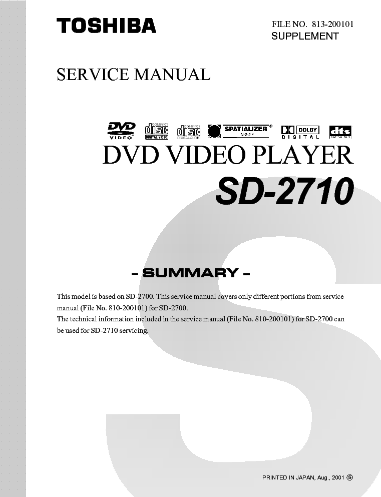 TOSHIBA SD-2710 DVD PLAYER SERVICE-INFO 2001 SM service manual