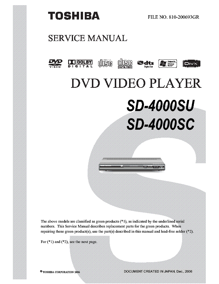 TOSHIBA SD-4000SU SD-4000SC DVD PLAYER PARTS service manual