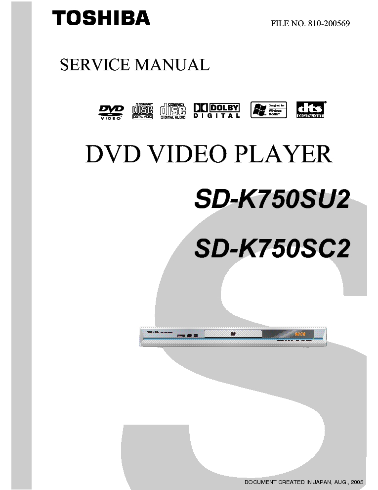 TOSHIBA SD-K750SU2 SD-K750SC2 DVD PLAYER PARTS service manual