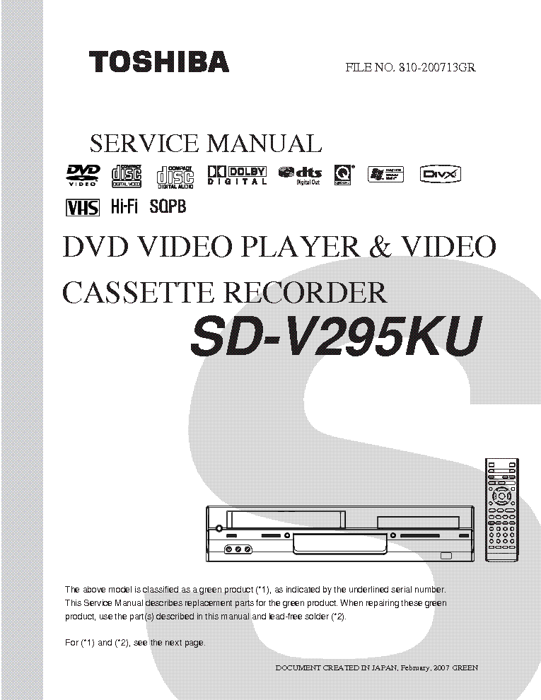 TOSHIBA SDV295KU DVDVIDEO COMBO PARTS Service Manual download