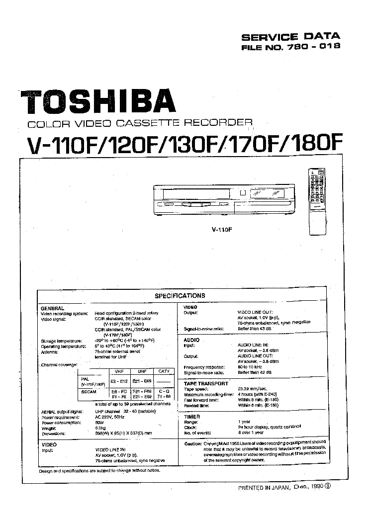 TOSHIBA V-110F 120F 130F 170F 180F VCR service manual